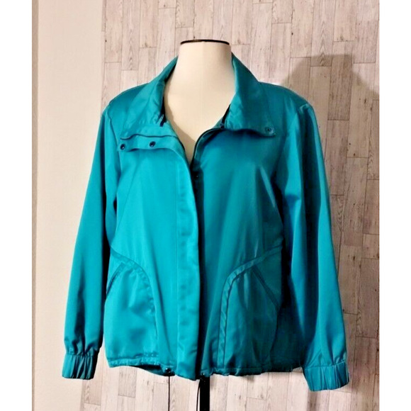 St. John Woman Teal Green Windbreaker Size L Zipper Snaps Pockets FLAW SNAGS - Picture 13 of 16